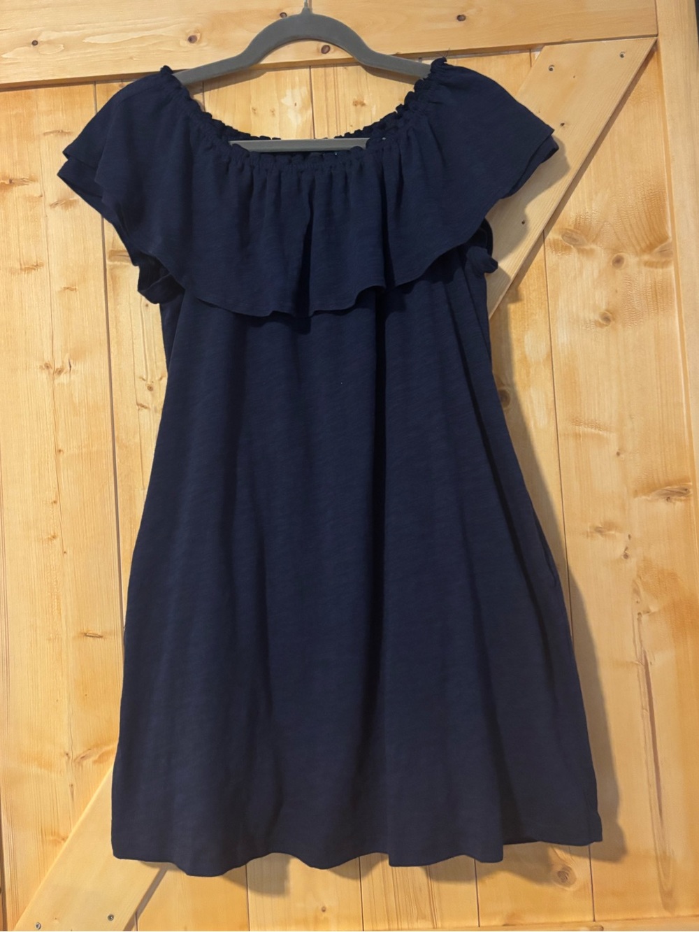 DREW Navy Ruffle Off-The-Shoulder Mini Dress with Pockets Size Small USA⁠